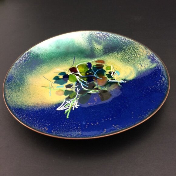 Handmade Enamel on Copper Decorative Plate Abstract with Glass Details Vintage - Picture 3 of 14